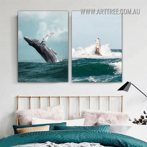 Ocean Aqua Lighthouse Waves Naturescape Modern Painting Image Stretched 2 Piece Canvas Print for Room Wall Garniture