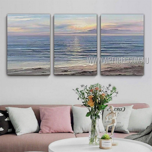 Sea Waves Landscape Modern Handmade Framed 3 Piece Multi Panel Oil Painting For Room Outfit