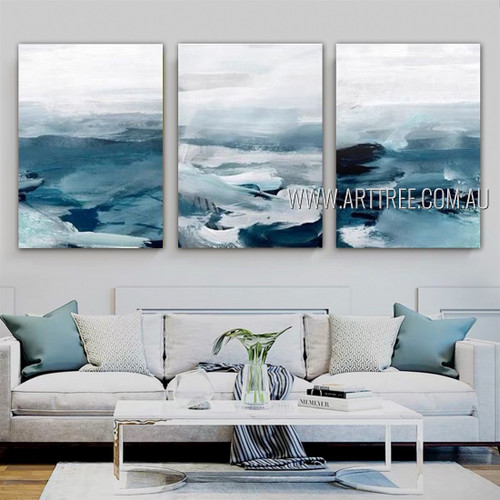 Bluish Artwork Abstract Modern Handmade 3 Piece Multi Panel oil Painting For Room Getup
