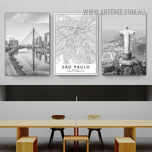 Christ The Redeemer Buildings Modern Painting Image Framed 3 Piece Cityscape Canvas Print for Room Wall Tracery