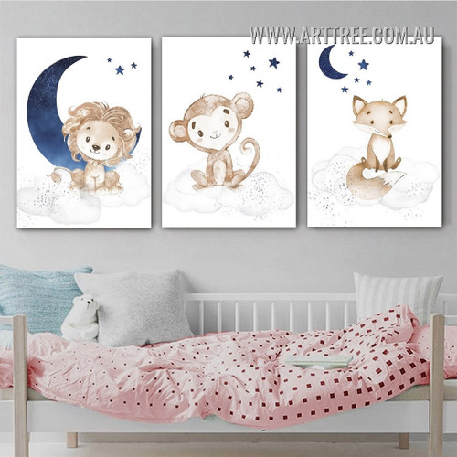 Cute Lemur Toy Monkey Scandinavian Minimalist Artwork Picture Animal 3 Piece Stretched Canvas Print for Room Wall Garniture