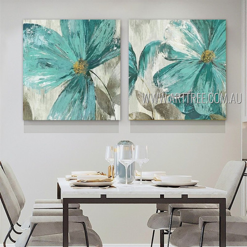 Teal Flowers Artwork Abstract Vintage Handmade 2 Piece Multi Panel Oil Painting For Room Getup