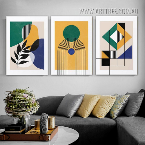Circular Tarnish Lineament Leaves Geometric Modern 3 Piece Framed Abstract Painting Photograph Canvas Print for Room Wall Outfit