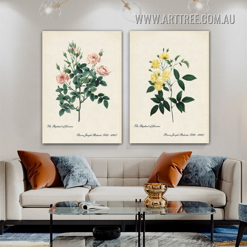 Calico Rosebushes Buds Floral Minimalist Modern 2 Piece Stretched Artwork Image Canvas Print For Room Wall Adornment