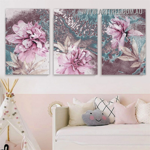 Peonies Blooms Abstract Floral Modern Painting Picture 3 Piece Canvas Art Prints for Room Wall Trimming