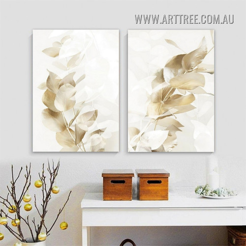 Golden Eucalyptus Leaf Abstract Photograph 2 Piece Modern Artwork Stretched Canvas Print for Room Wall Finery