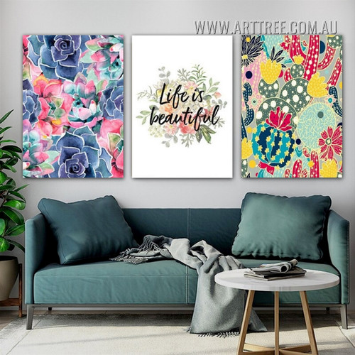 Life Is Beautiful Spots Modern 3 Piece Painting Quotes Photo Abstract Framed Floral Canvas Print for Room Wall Garniture