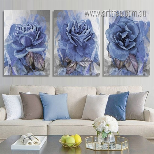 Peony Foliage Flowers Abstract Modern Floral Artwork Picture Framed Stretched 3 Piece Canvas Art Print For Room Trimming