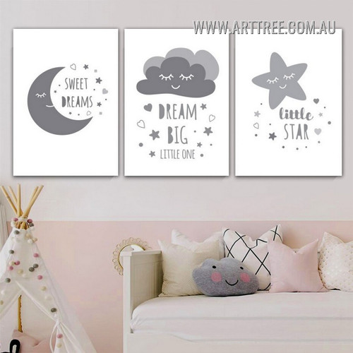 Little Star Face Smile Minimalist 3 Piece Typography Wall Art Abstract Photograph Canvas Print for Room Molding