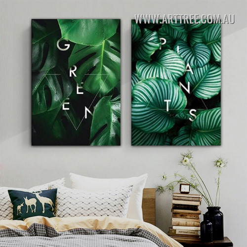 Green Monstera Leafage Leaves Stretched Typography Painting Modern Abstract Pic 2 Piece Canvas Print for Room Wall Getup