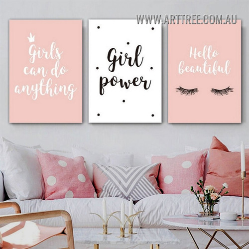 Girl Power Typography Modern Painting Picture 3 Panel Canvas Wall Art Prints For Room Trimming