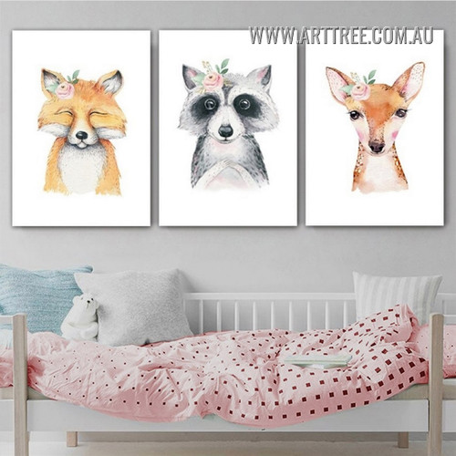 Fox Deer Nordic Cartoon Animal Modern Painting Picture 3 Panel Canvas Prints for Room Wall Embellishment