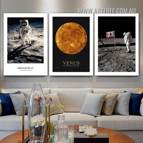 Apollo Plan Astronaut Flag Artwork Picture Naturescape Figure 3 Piece Stretched Typography Canvas Print For Room Wall Garniture