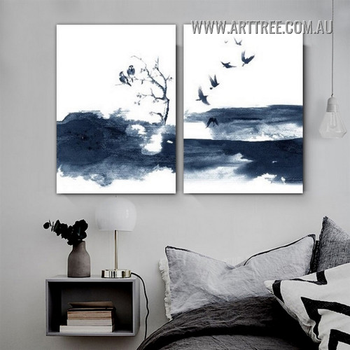 Indigo Splotch Ink Abstract Landscape Contemporary Painting Picture 2 Piece Canvas Wall Art Prints for Room Molding
