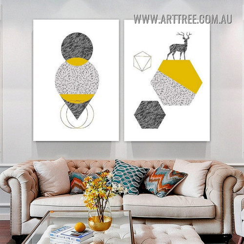 Orb Deer Nordic Abstract Geometric Modern Painting Picture Canvas 2 Piece Wall Art Prints for Room Décor