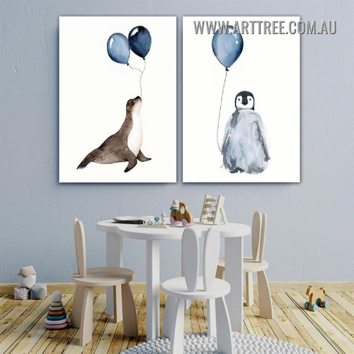 Penguin Balloons Nordic Animal Modern Painting Picture Canvas 2 Piece Wall Art Prints for Room Illumination