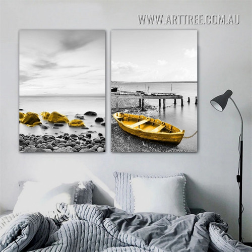 Ocean Silica Boat Nordic 2 Piece Framed Seascape Painting Photograph Landscape Canvas Print for Room Wall Outfit