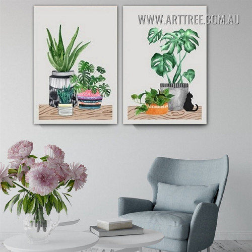 Tropical Aloe Vera Leaves Floral Modern Painting Picture 2 Piece Canvas Wall Art Prints for Room Disposition