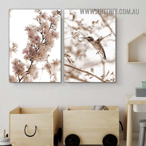 Hummingbird Sapling Floral Scandinavian Painting Picture 2 Piece Wall Art Prints for Room Décor