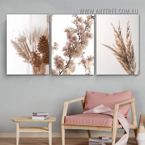 Twig With Reed Floral Scandinavian Painting Picture 3 Piece Canvas Wall Art Prints for Room Trimming