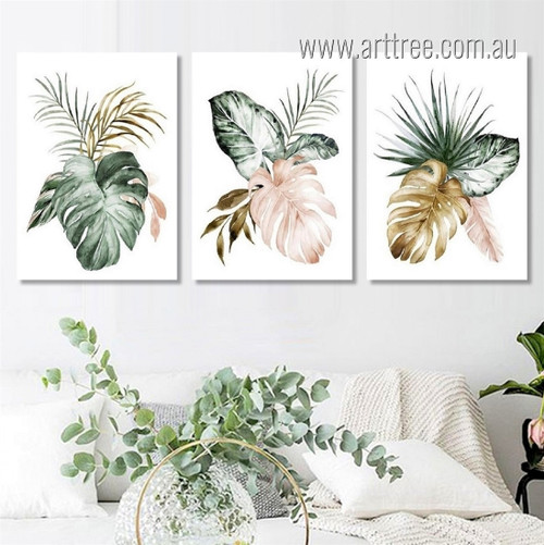 Tropical Monstera Leafage Leaves Minimalist Abstract Botanical Watercolour Painting Picture Framed Stretched 3 Piece Canvas Art Prints For Wall Ornament