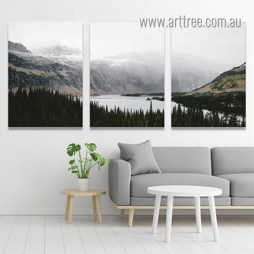 Mountain Forest Nordic Landscape Naturescape Scandinavian Painting Photo Framed Stretched 3 Piece Wall Art Canvas Print For Room Adornment