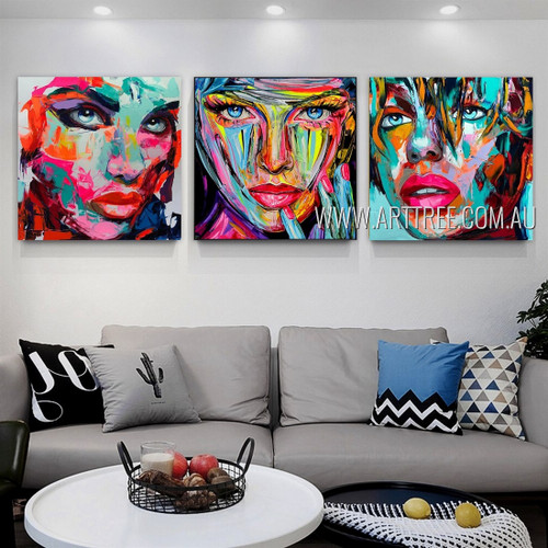 Calico Female Visage Abstract Figure Modern Heavy Texture Artist Handmade Framed 3 Piece Multi Panel Painting Wall Art Set For Room Tracery