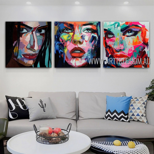 Lady Orifices Abstract Figure Modern Heavy Texture Artist Handmade Framed 3 Piece Multi Panel Painting For Room Getup