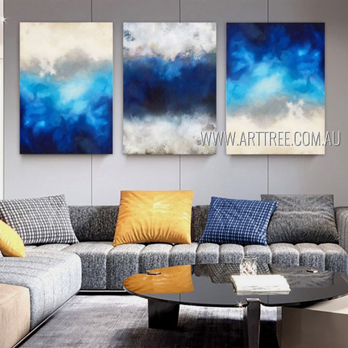 Blue Gray Artwork Abstract Modern Heavy Texture Artist Handmade Framed 3 Piece Multi Panel Canvas Painting Wall Art Set For Room Décor