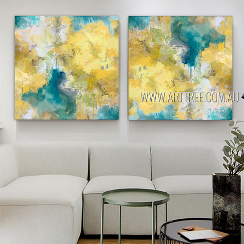 Colorful Splotches Abstract Modern Heavy Texture Artist Handmade Framed 2 Piece Multi Panel Painting For Room Garnish