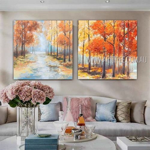 Glade Landscape Modern Acrylic Heavy Texture Artist Handmade Framed 2 Piece Split Wall Painting Set For Room Drape