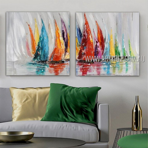 Colorful Sailboats Abstract Seascape Modern Heavy Texture Artist Handmade Framed 2 Piece Multi Panel Canvas Oil Painting Wall Art Set For Room Décor