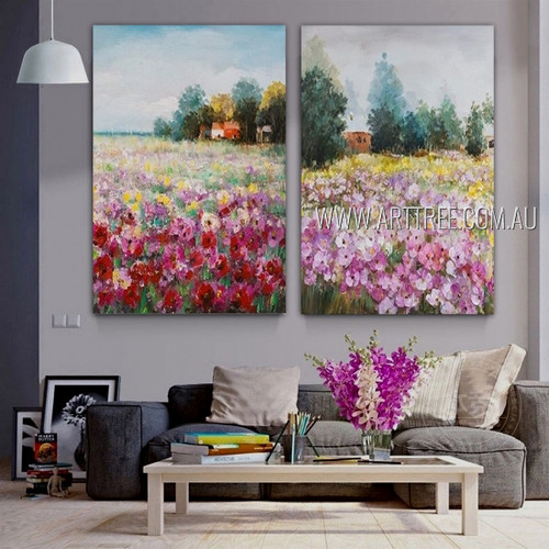 Floral Garden Landscape Modern Heavy Texture Artist Handmade Framed Stretched 2 Piece Multi Panel Canvas Painting Wall Art Set For Room Decor