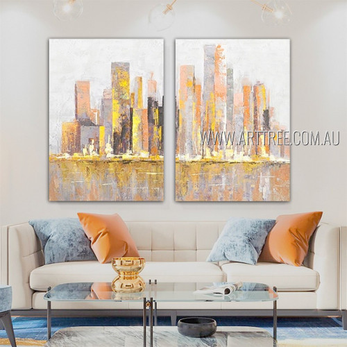 Colorful Town Abstract Cityscape Modern Heavy Texture Artist Handmade Framed Stretched 2 Piece Multi Panel Canvas Oil Painting For Room Décor