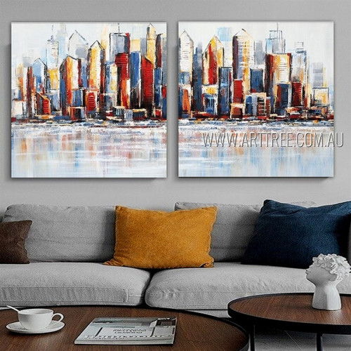 Colorful Borough Abstract Architecture Cityscape Modern Heavy Texture Acrylic Artist Handmade Framed Stretched 2 Piece Multi Panel Canvas Painting Wall Art Set For Room Garnish