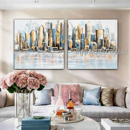 Multicolor City Abstract Modern Heavy Texture Acrylic Artist Handmade Framed Stretched 2 Piece  Split Canvas Paintings Wall Art Set For Room Tracery