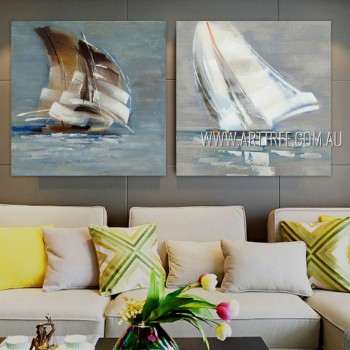 Coloured Sailboats Abstract Seascape Modern Heavy Texture Artist Handmade Framed Stretched 2 Piece Multi Panel Painting Wall Art Set For Room Onlay