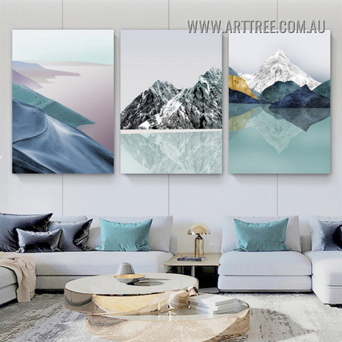 Mountains Lake Abstract Landscape Modern Painting Picture 3 Piece Canvas Wall Art Prints for Room Illumination