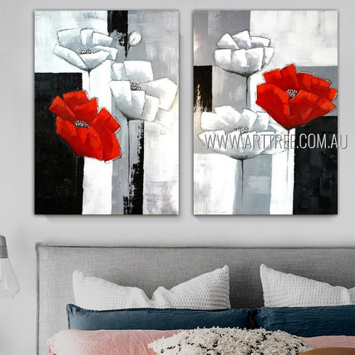 Colorful Poppy Abstract Floral Modern Palette Knife Heavy Texture Artist Handmade Framed Stretched 2 Piece Multi Panel Canvas Painting Wall Art Set For Room Molding