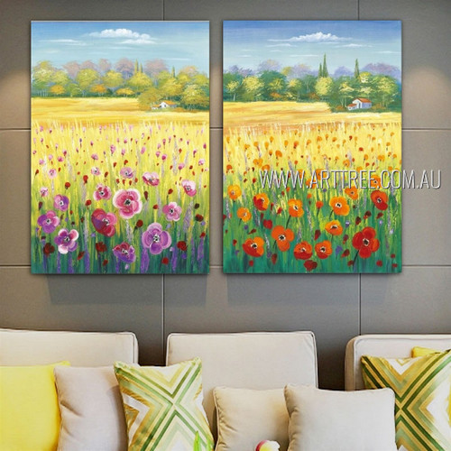 Flowers Garth Floral Landscape Nature Modern Heavy Texture Palette Knife Heavy Texture Artist Handmade Framed Stretched 2 Piece Multi Panel Painting Wall Art Set For Room Decor