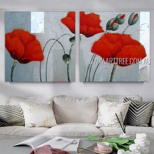 Poppy Buds Floral Modern Heavy Texture Artist Handmade Framed Stretched 2 Piece Split Oil Paintings Wall Art Set For Room Getup
