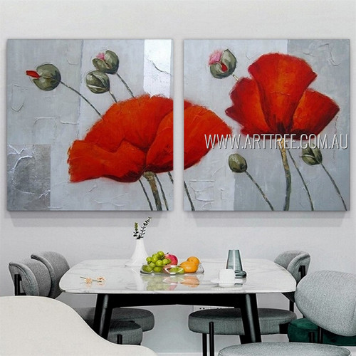 Poppy Gussets Floral Modern Heavy Texture Artist Handmade Framed Stretched 2 Piece Multi Panel Canvas Painting Wall Art Set For Room Decor
