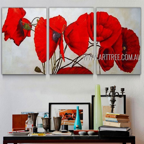 Poppy Burgeons Floral Modern Heavy Texture Artist Handmade Framed Stretched 3 Piece Split Canvas Paintings Wall Art Set For Room Decor
