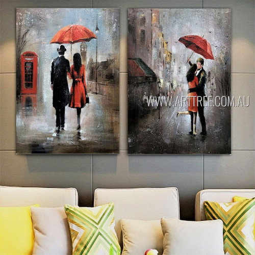Rainfall Cityscape Vintage Heavy Texture Artist Handmade Framed Stretched 2 Piece Multi Panel Painting Wall Art Set For Room Decor