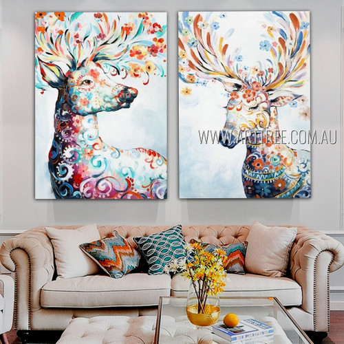 Elk Deers Animal Modern Heavy Texture Artist Handmade Framed Stretched 2 Piece Multi Panel Canvas Oil Painting For Room Tracery