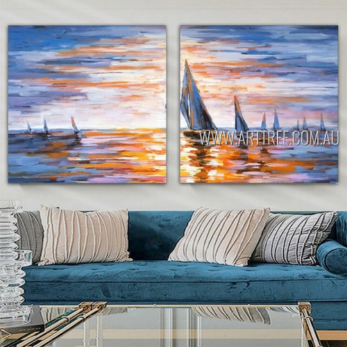 Evenfall Ocean Landscape Nature Seascape Modern Heavy Texture Artist Handmade Framed Stretched 2 Piece Split Complementary Paintings For Room Moulding