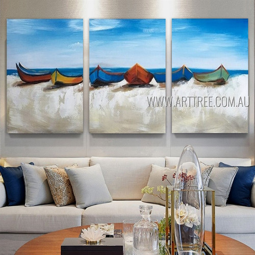 Multicolor Boats Landscape Nature Modern Heavy Texture Artist Handmade Framed Stretched 3 Piece Split Complementary Paintings Wall Art Set For Room Décor