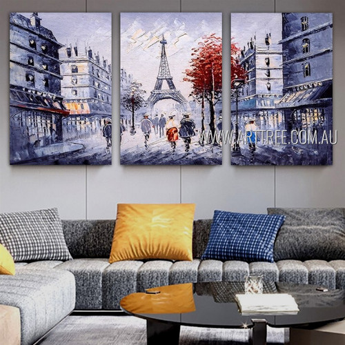 Paris Eiffel Tower Cityscape Modern Heavy Texture Palette Knife Artist Handmade Framed Stretched 3 Piece Split Panel Painting Wall Art Set For Room Garnish