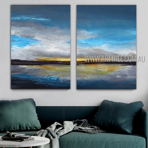 Sea With Reflection Seascape Landscape Nature Modern Heavy Texture Artist Handmade Framed Stretched 2 Piece Split Canvas Painting Wall Art Set For Room Tracery