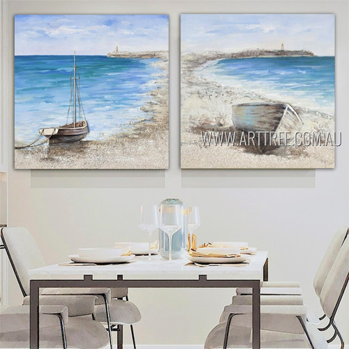 Seashore Landscape Nature Modern Heavy Texture Artist Handmade Framed Stretched 2 Piece Multi Panel Wall Art Paintings For Room Décoration